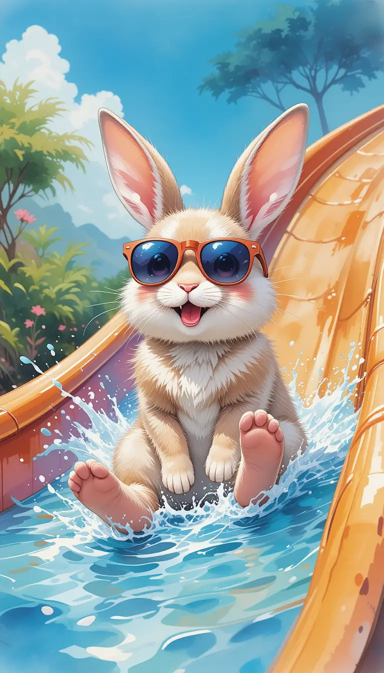 Cute rabbit on waterslide in colorful watercolor illustration