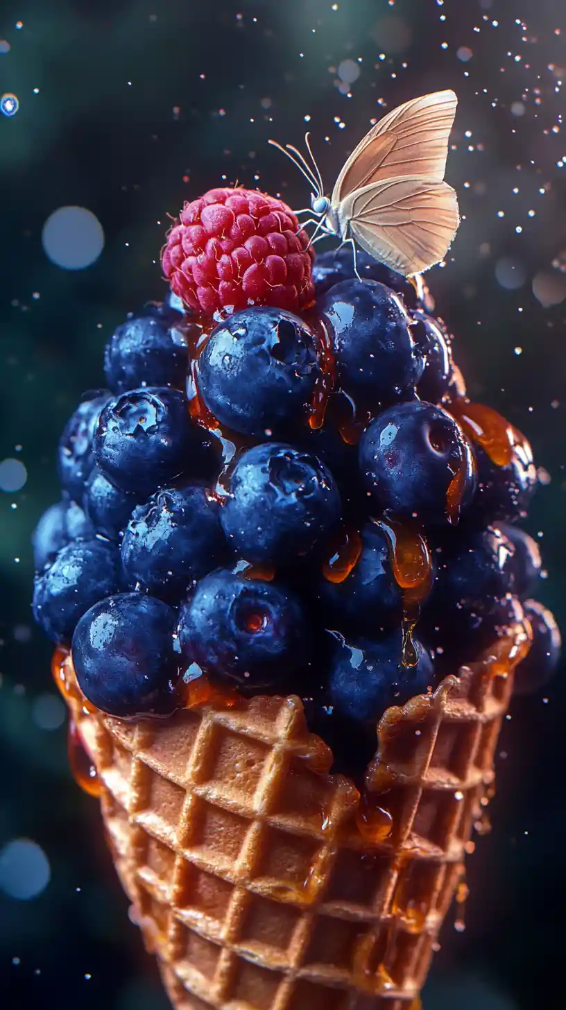 Close up waffle cone with berries and butterfly