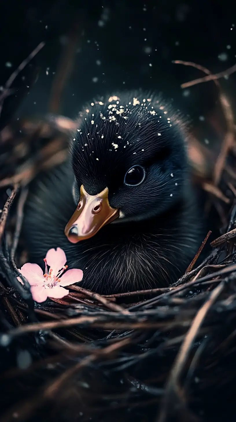 Close up portrait of a black duckling in a nest
