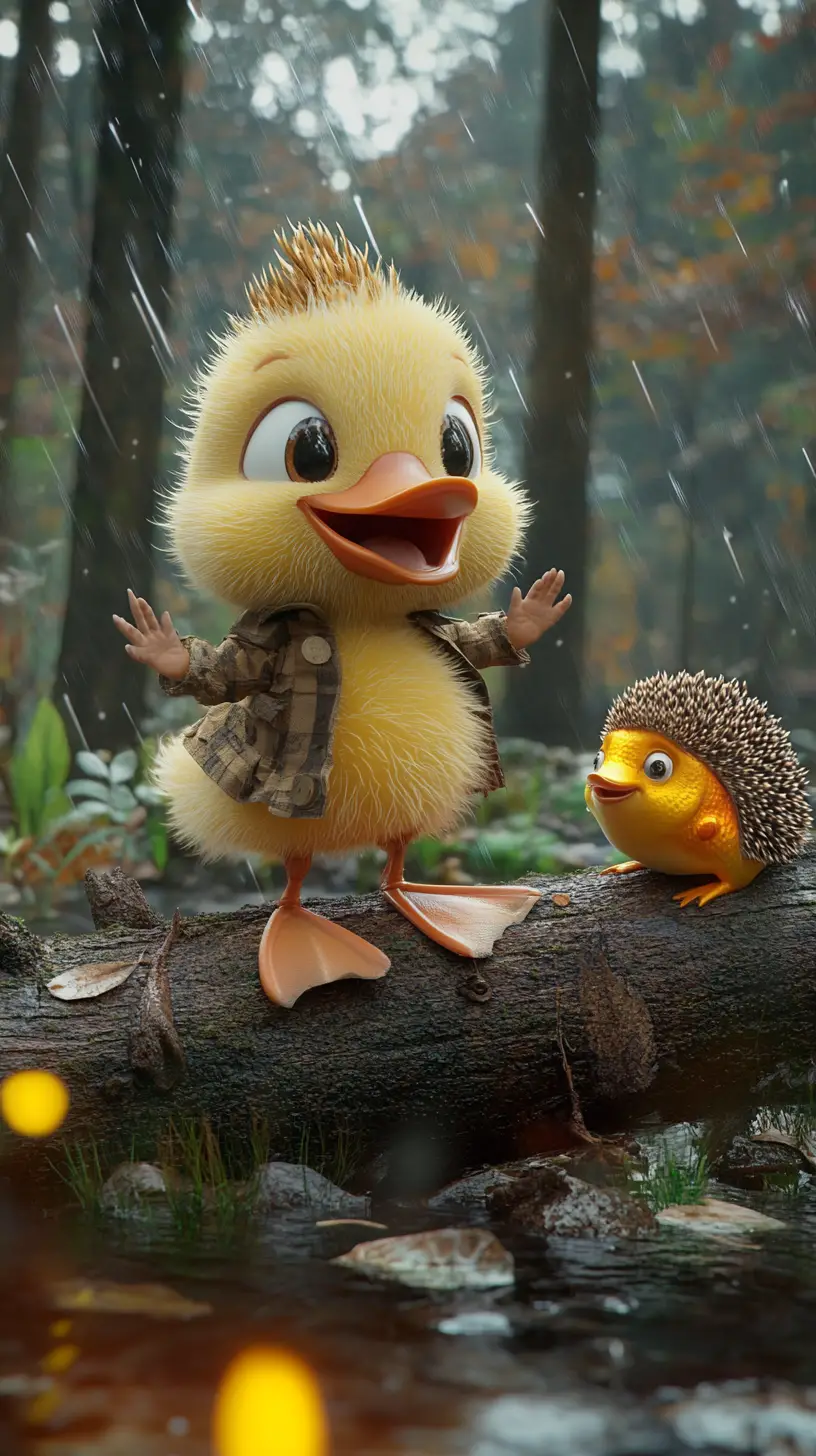 森の中のキュートな3Dカートンのアヒルの子とハリネズミ
