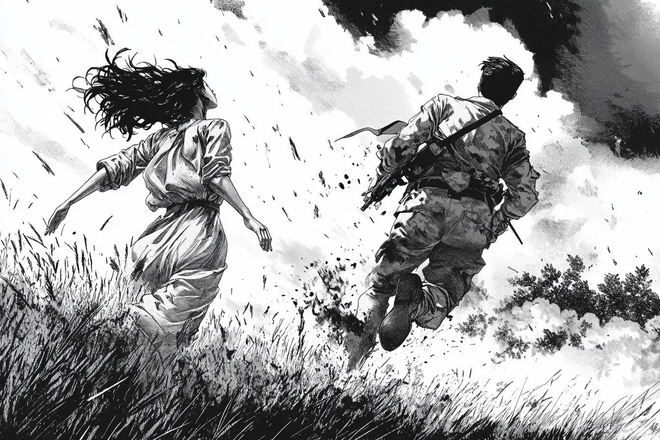 Nurse and lone soldier in explosive battlefield scene