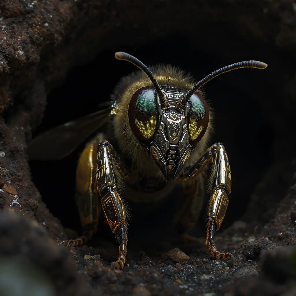 Cyberpunk armored bee in a dark fantasy lair