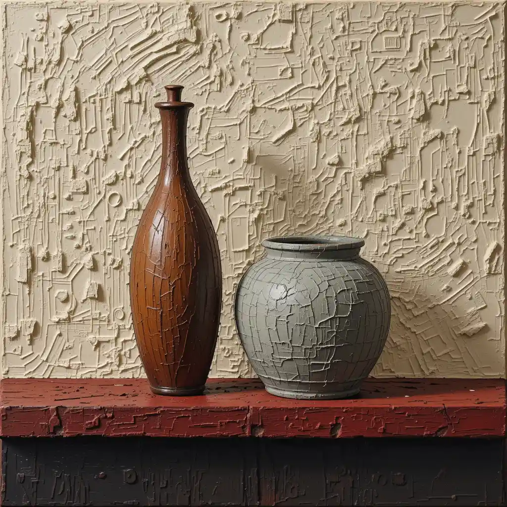 Impasto still life with vase and pot on red shelf