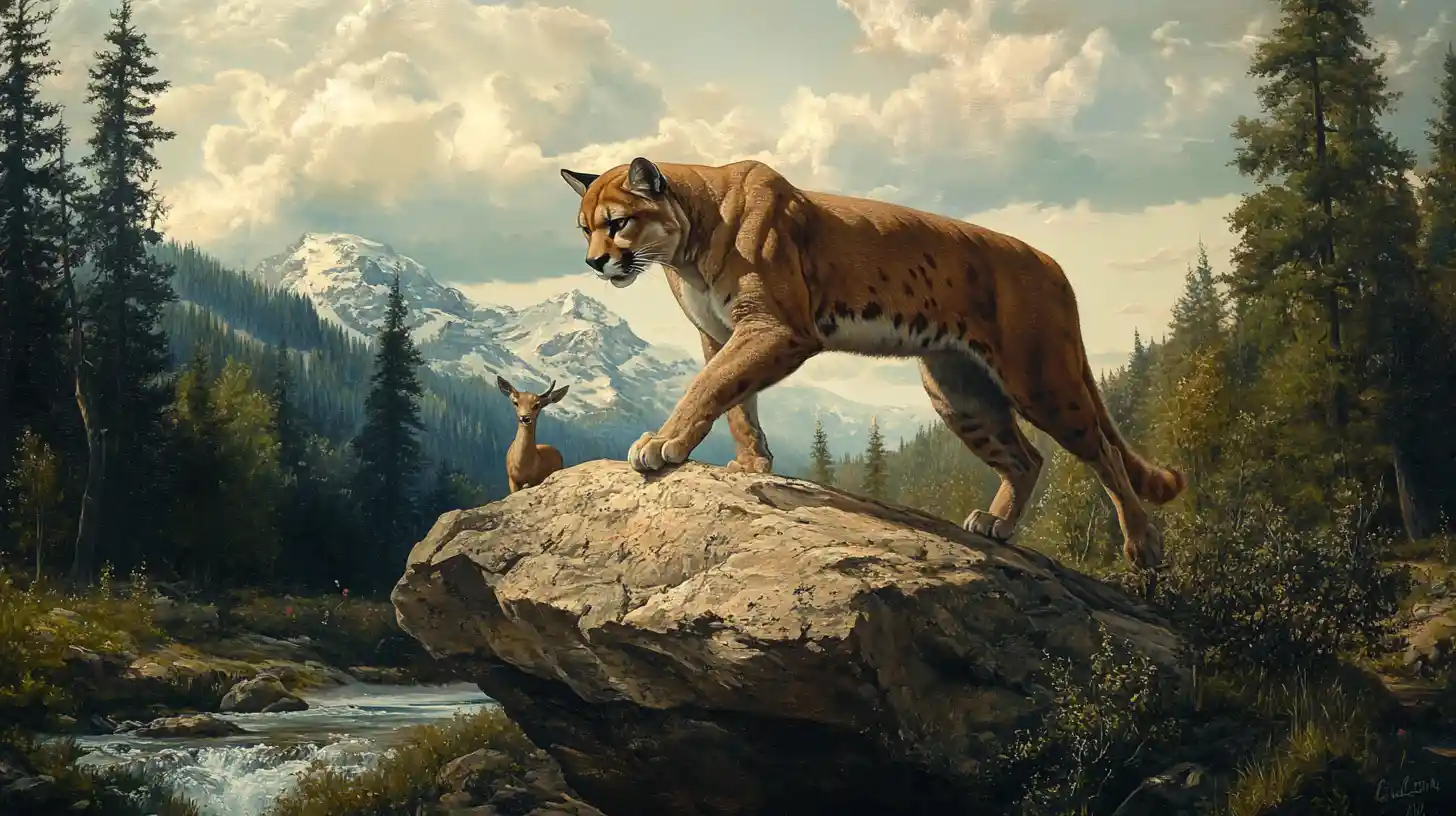 Majestic cougar poised to strike in a forest landscape
