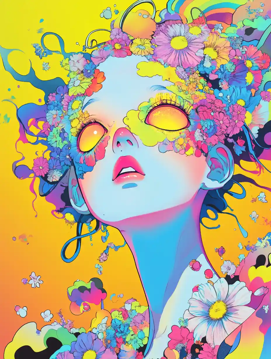 Superflat anime girl with neon hair and floral glow