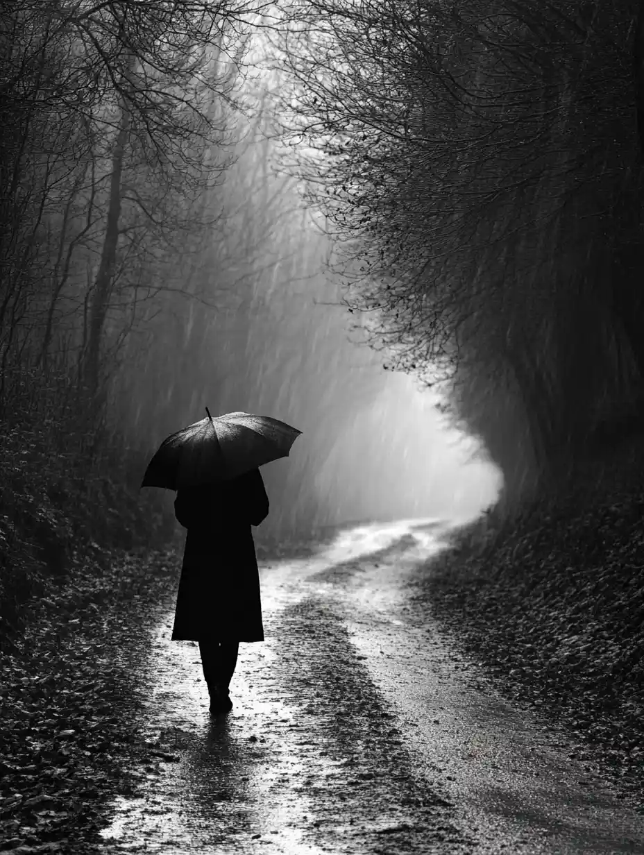Man walking through a dark rainy winter landscape