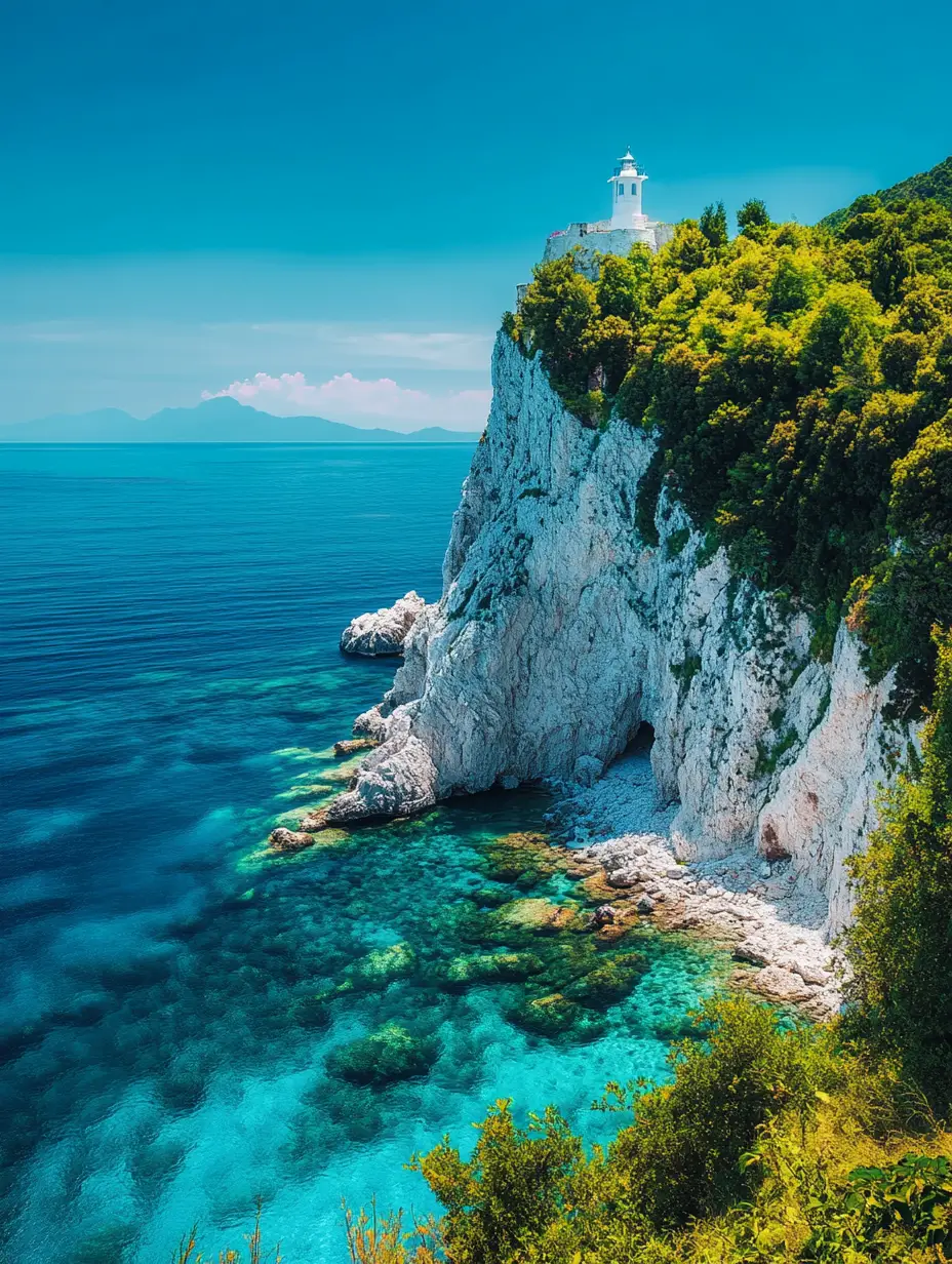 White cliff coastline with lighthouse above deep blue sea