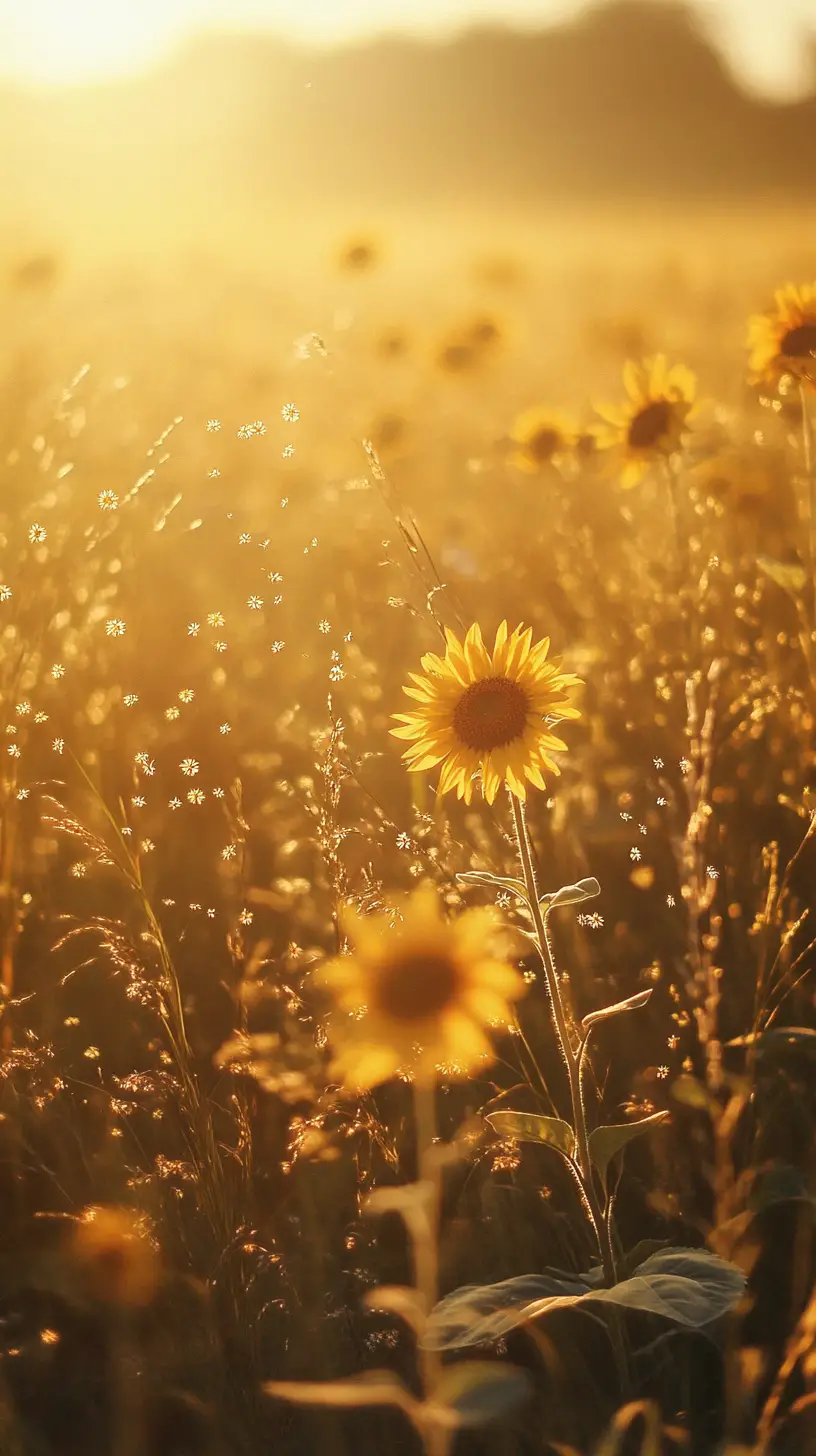 Golden sunset field with glowing spirits among sunflowers