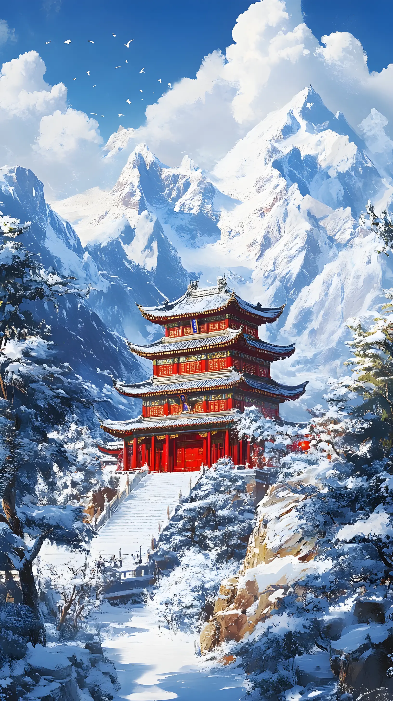 Snowy Mountain Temple Under Clear Blue Winter Sky