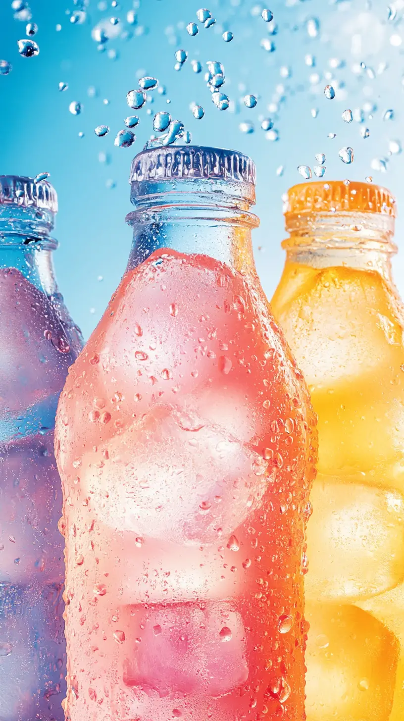 Colorful drink bottles on ice with bright condensation