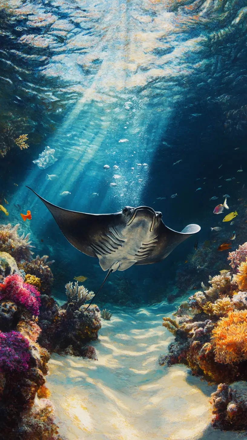 Raya majestuosa deslizándose sobre un vibrante fondo oceánico