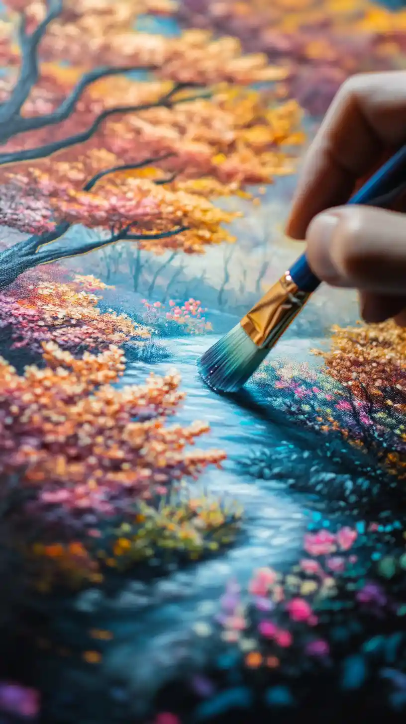 Close up brush painting a glowing fantasy forest scene