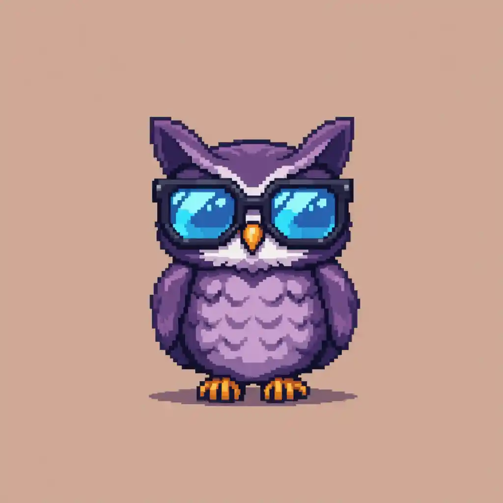 Pixel art owl character with oversized blue glasses