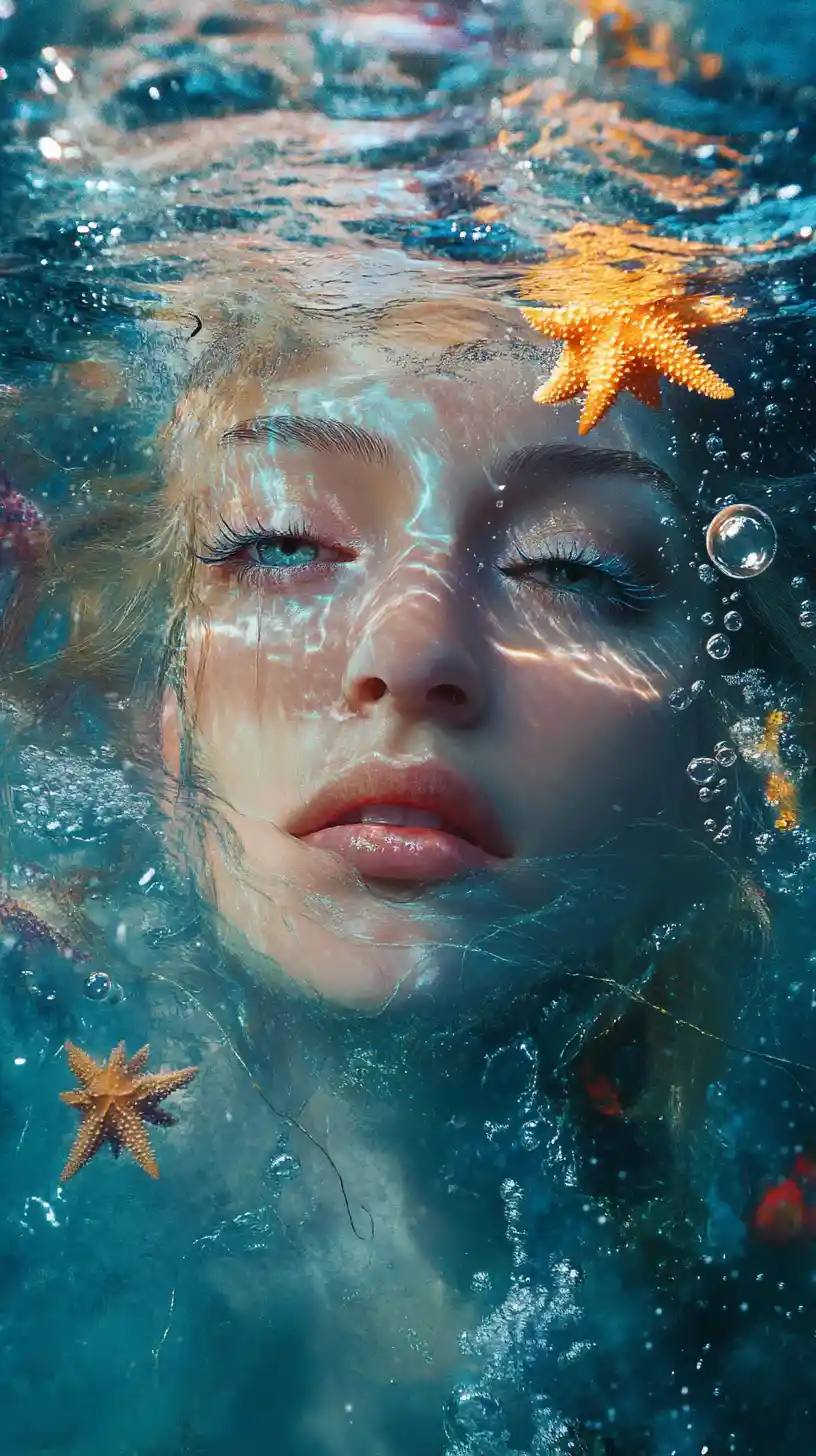 Surreal double exposure of woman and underwater seabed