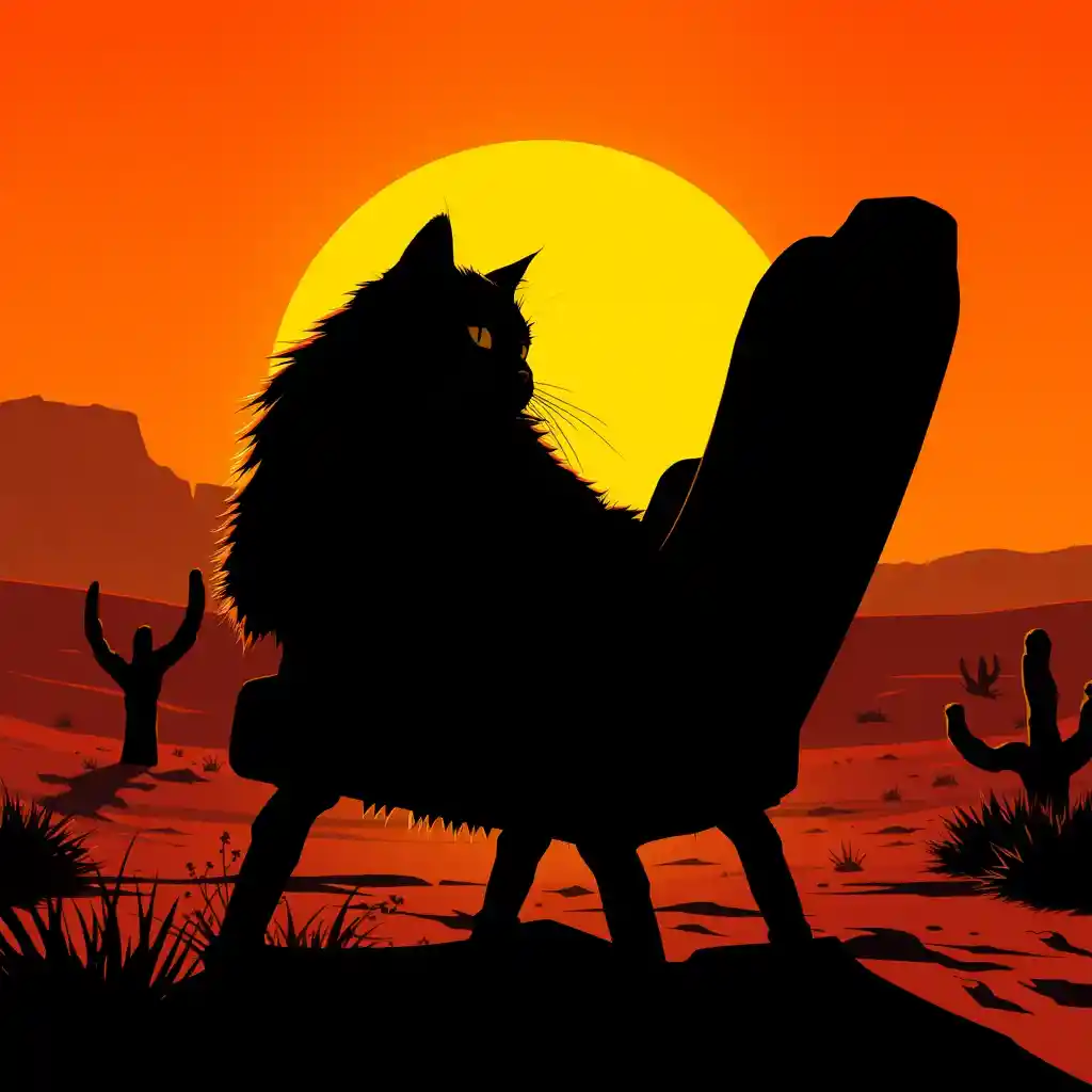 Silhouette cat on a chair in the glowing desert sunset