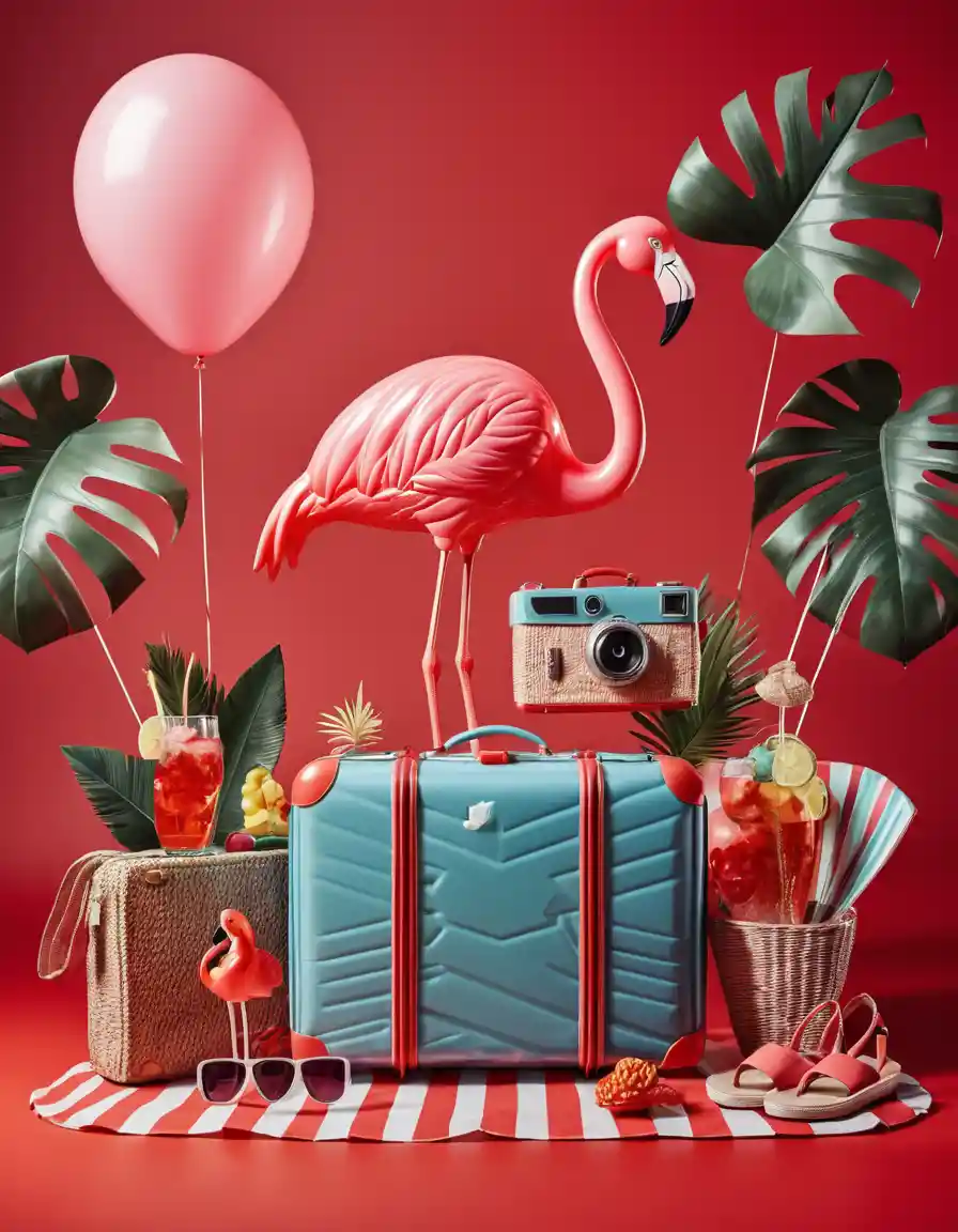 Giant transparent red shopping bag with tropical vacation items