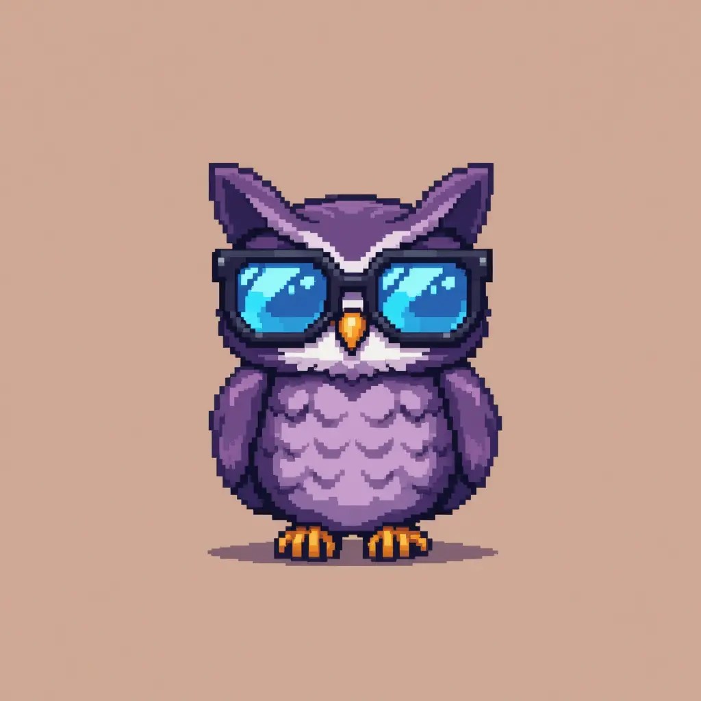 Pixel art owl character with oversized blue glasses