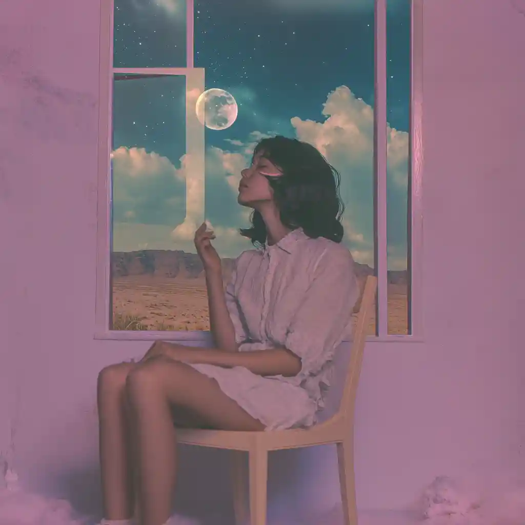 Woman Floating On Chair In Surreal Room With Desert Windows