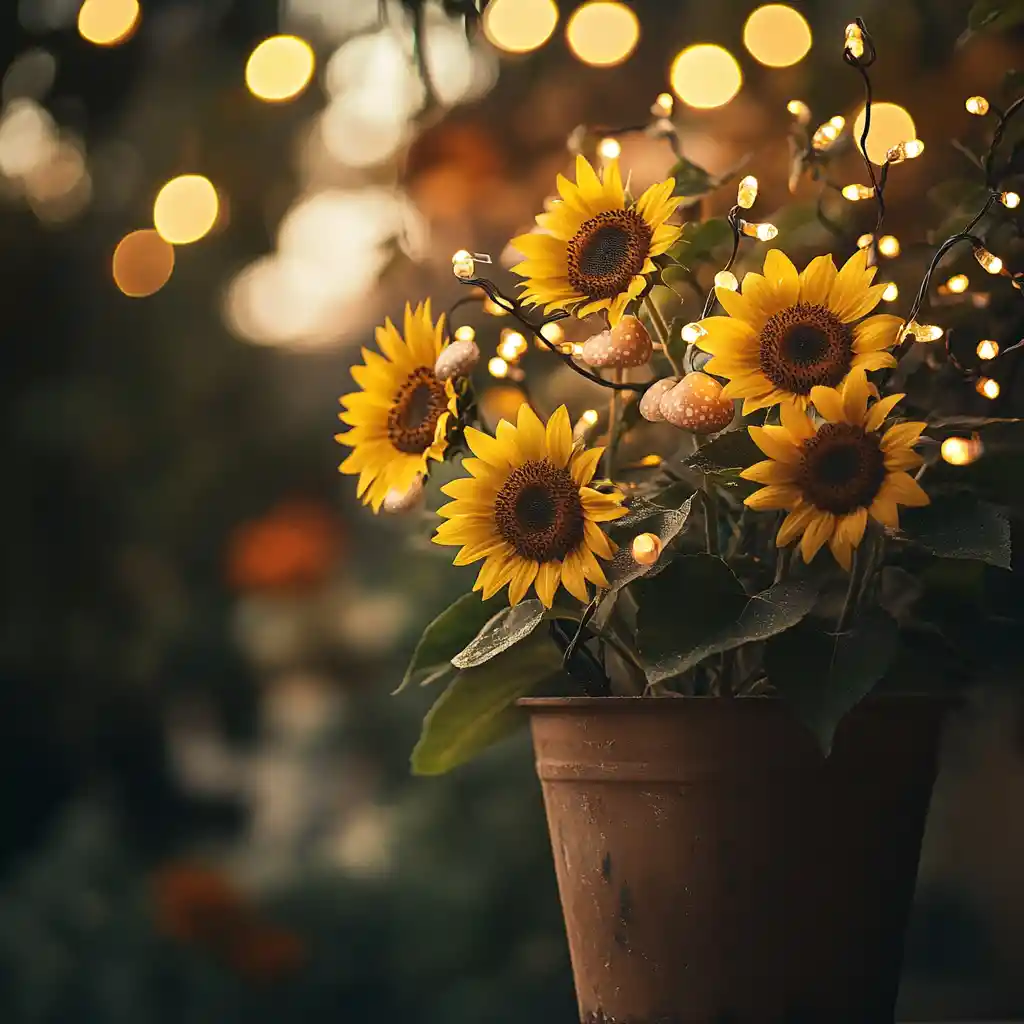 Close up sunflower flowerpot with tiny garden lights