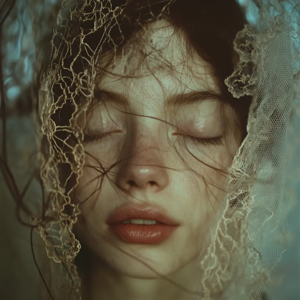 Woman in lace veil in a dreamy abstract close up