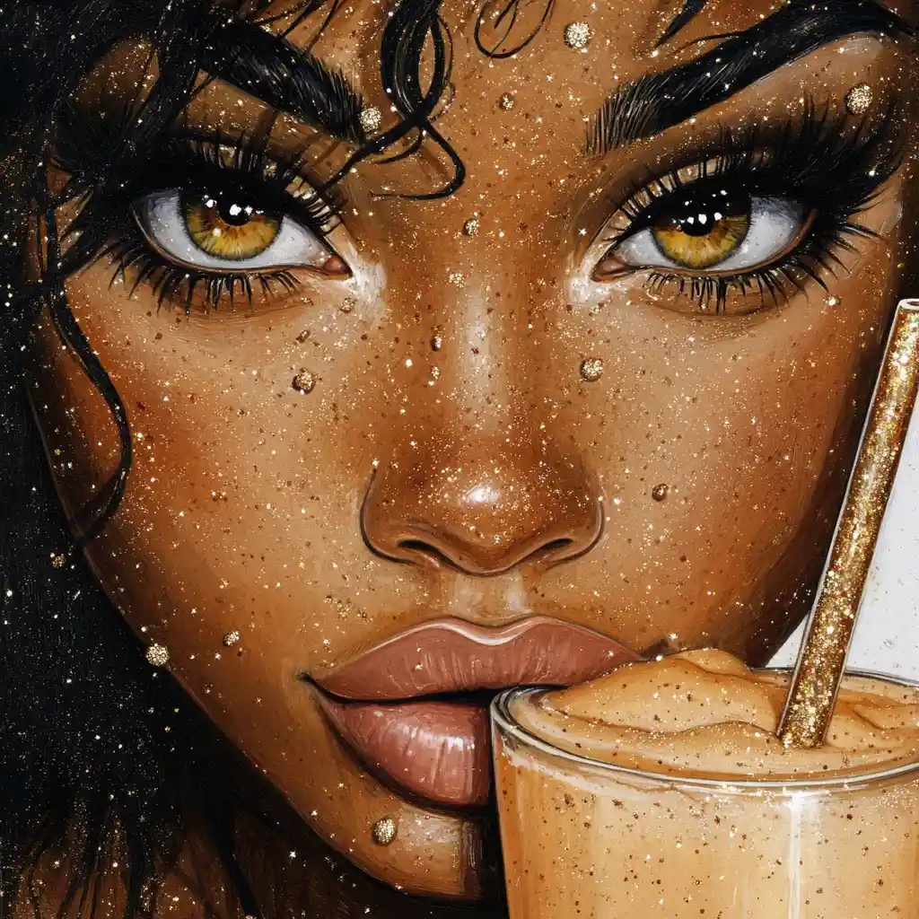 African American pin up woman sipping peach milkshake close up