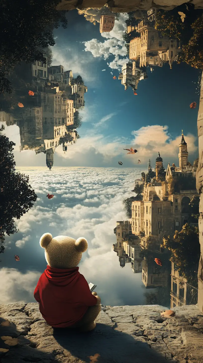 Surreal mirror world with an uncanny teddy bear reflection