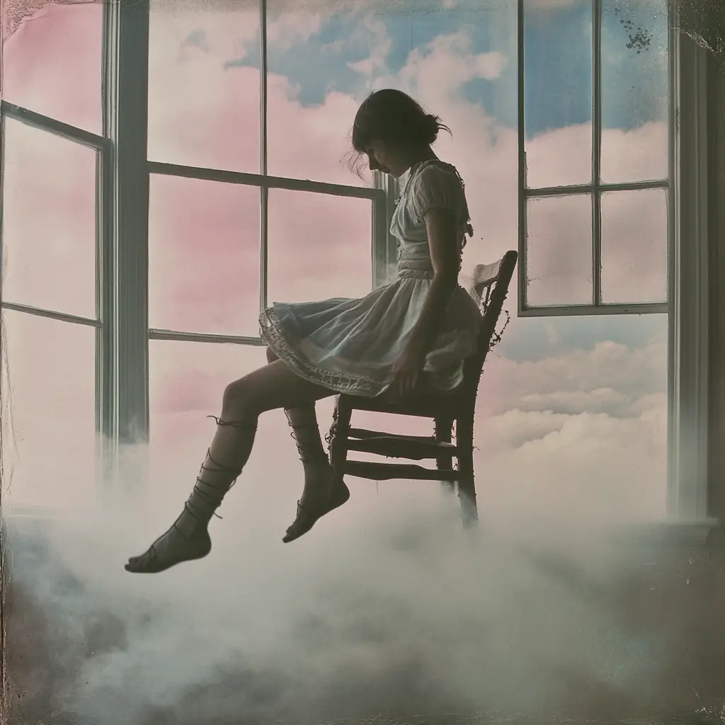 Woman balancing on a chair in a surreal window room