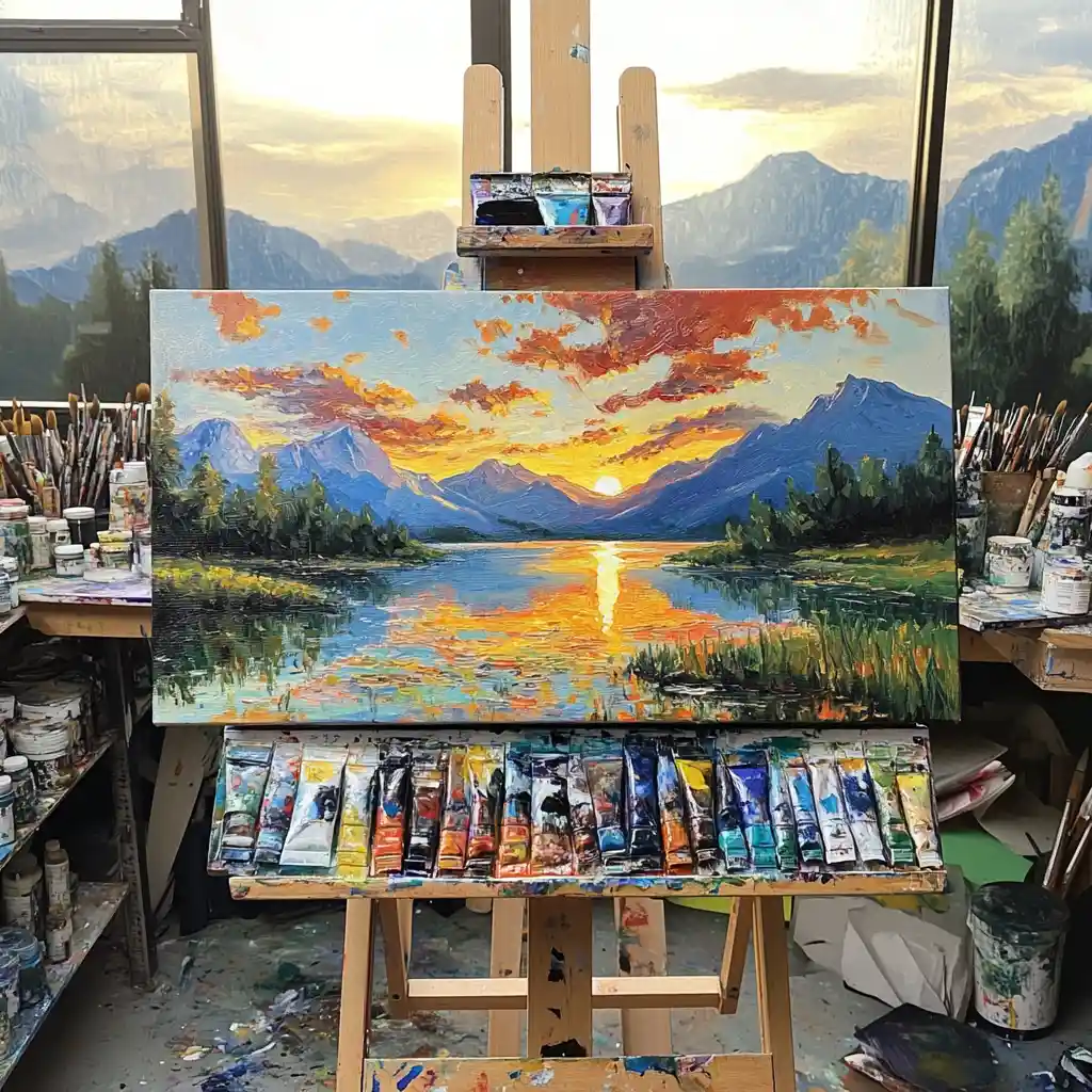 Peinture de paysage de lac au coucher du soleil sur chevalet dans un atelier d’artiste