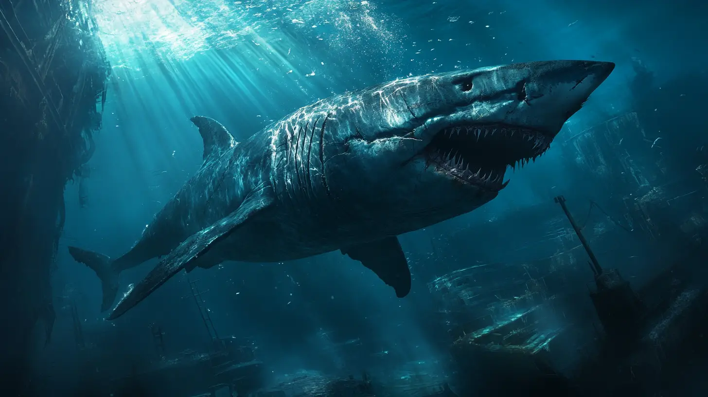 Colossal Megalodon Gliding Through Deep Ocean Graveyard