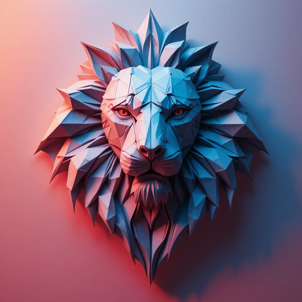 Origami lion with geometric folds and glowing abstract background