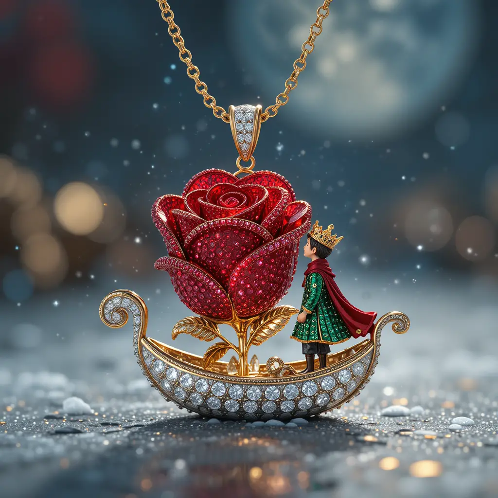 Silver diamond rose pendant necklace under moonlight