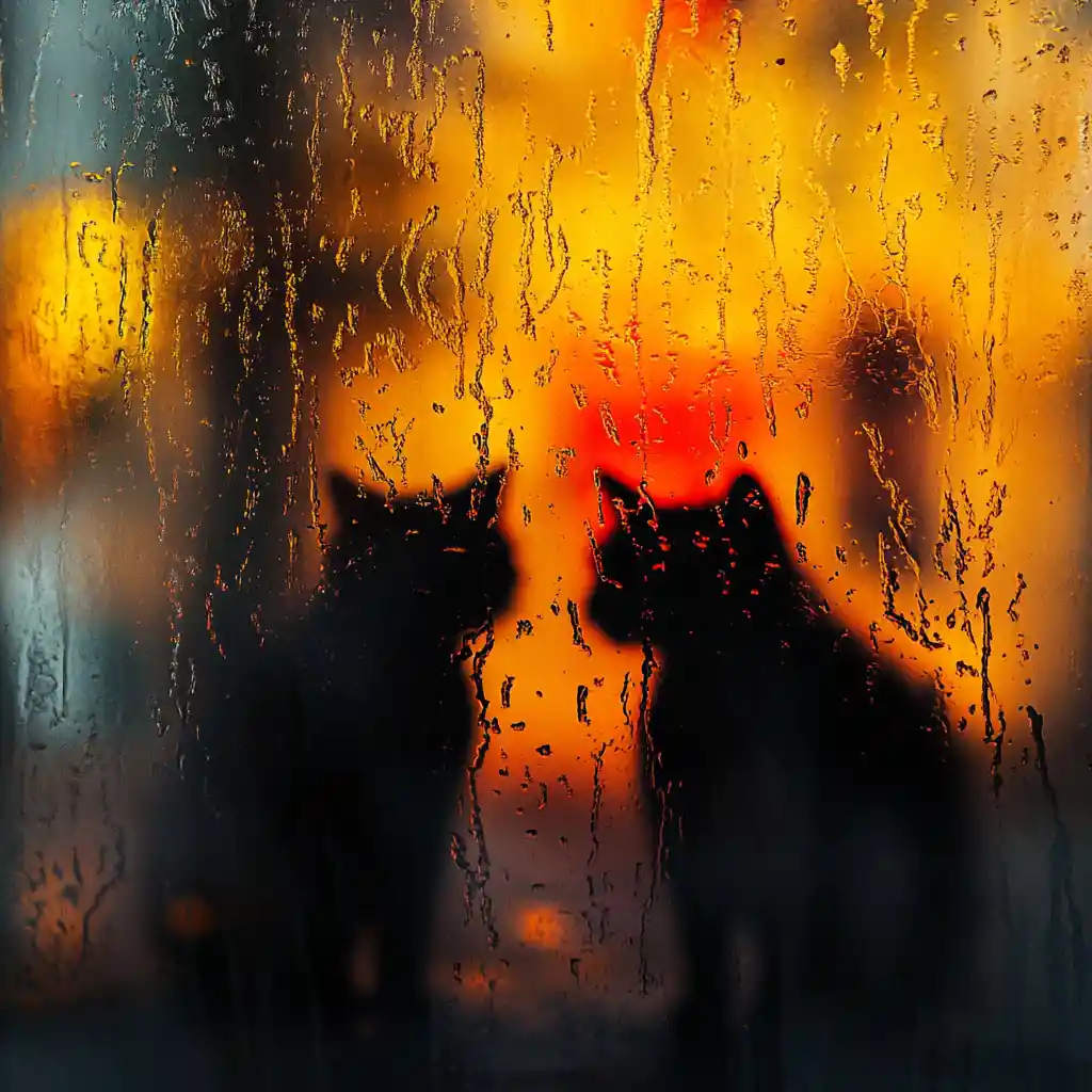 Silhouettes of cats on a rainy city street