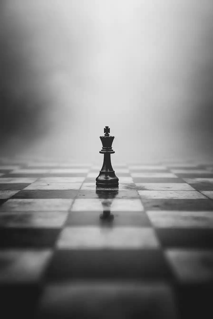 Lonely chess king on a misty black and white board