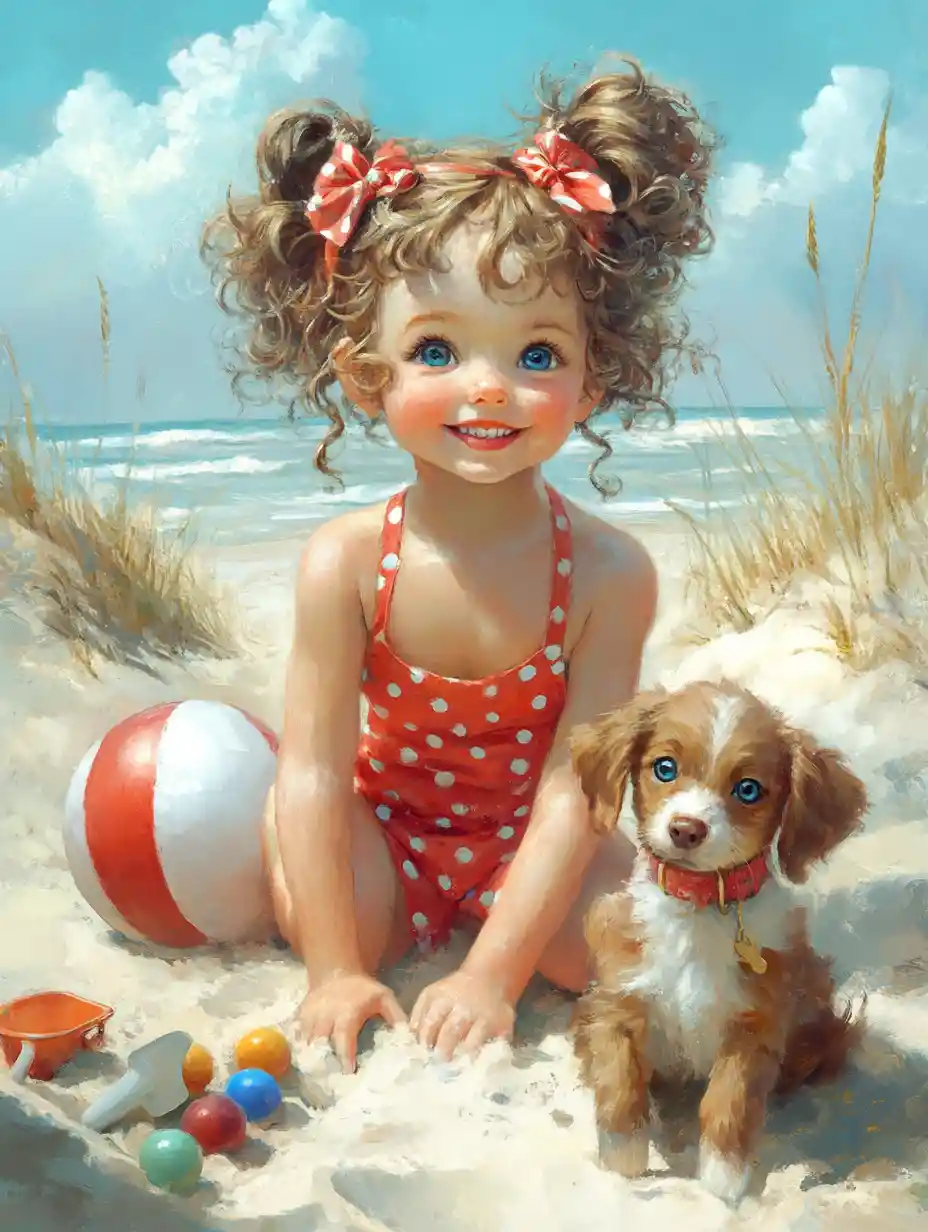 Laughing little girl on sandy beach with puppy