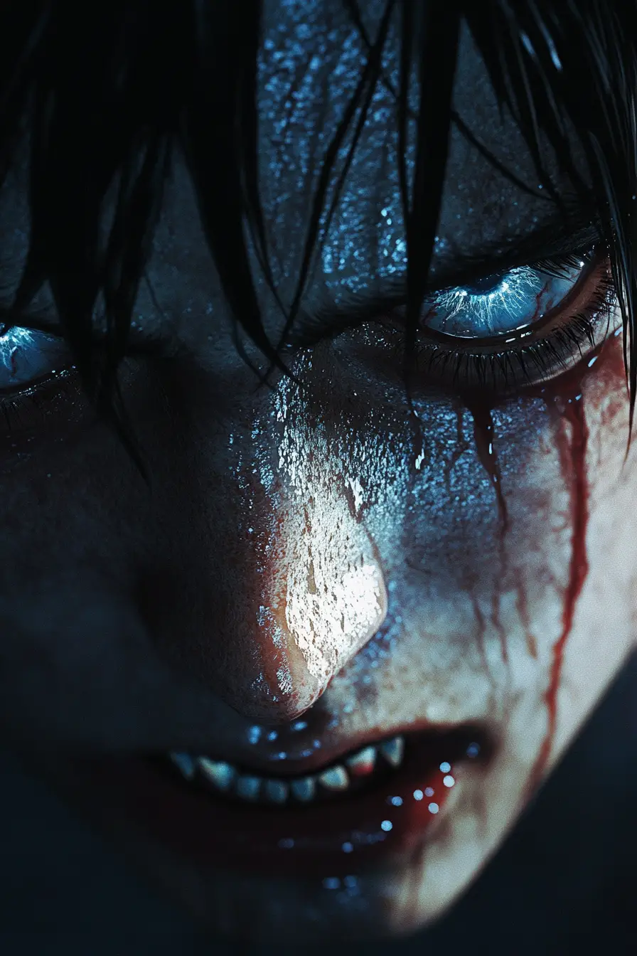 Emotional close up of a tormented vampire with tears