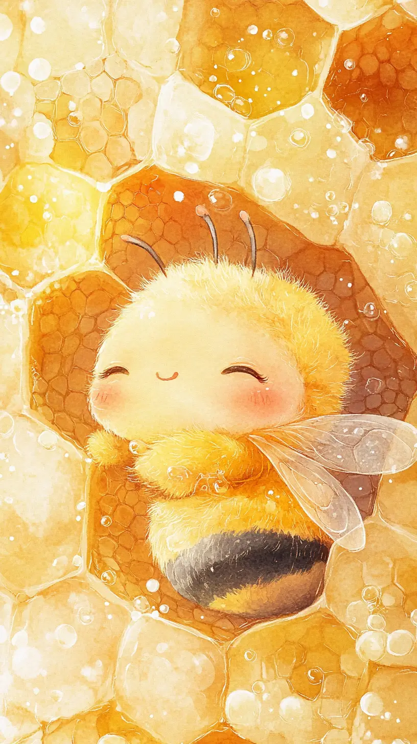 Cute sleeping bees inside a transparent honeycomb close up