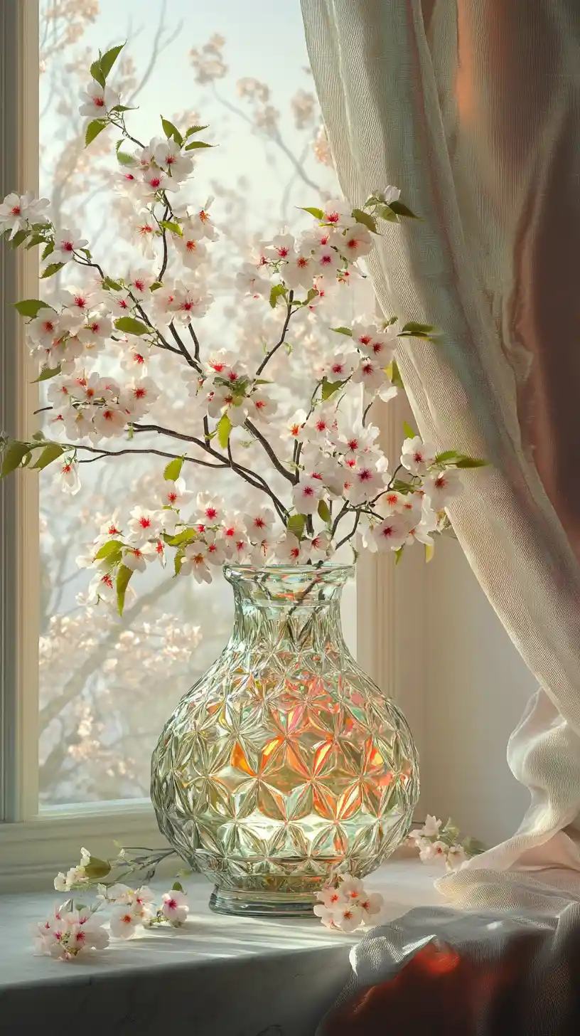 Leuchtendes Kirschblüten-Arrangement auf dem Schlossfensterbrett