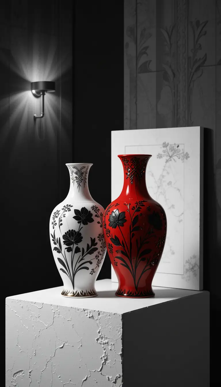 Close up vases against dark art deco wall