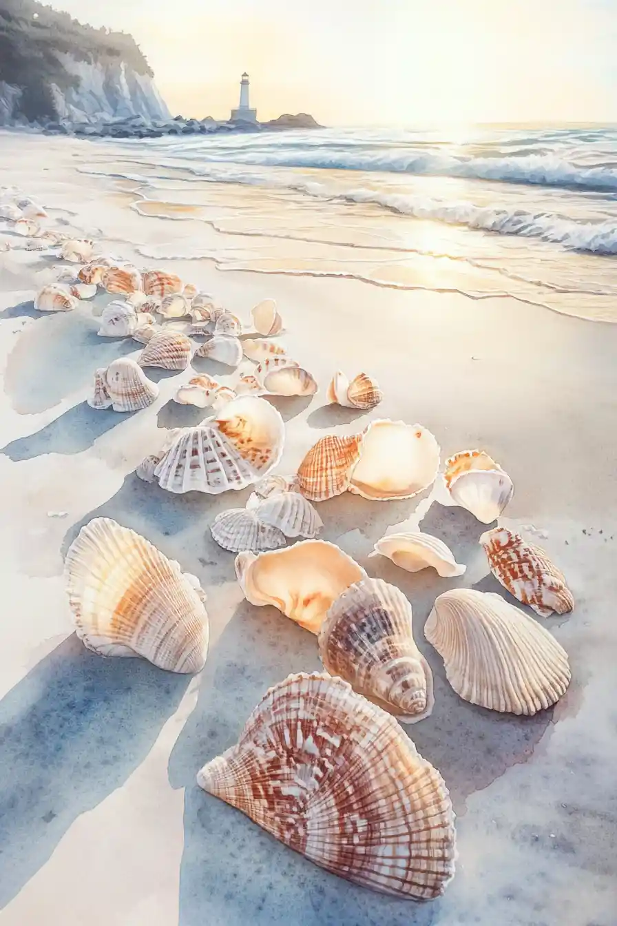 Conchiglie ad acquerello su una spiaggia tranquilla all'alba