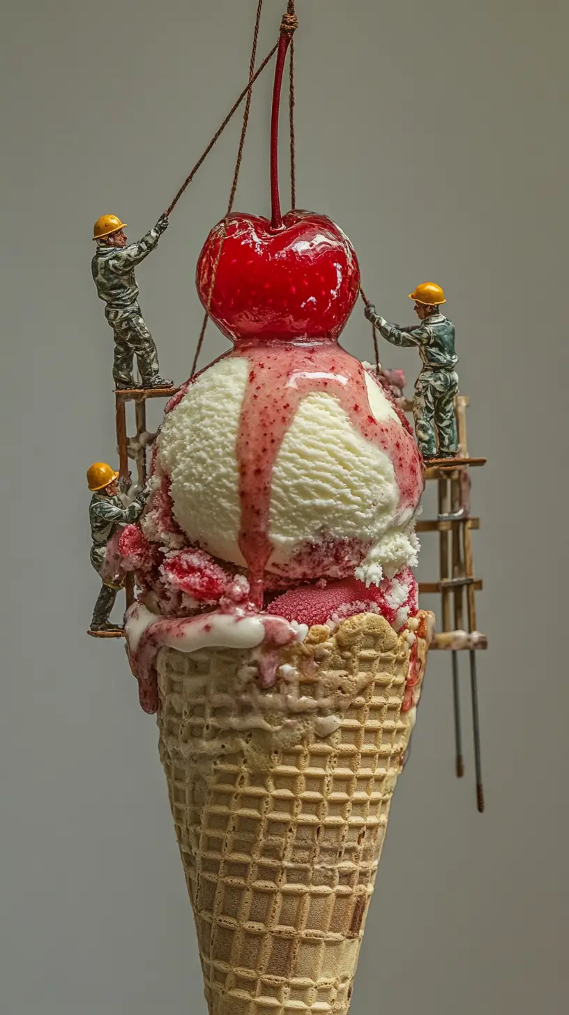 Miniature workers building a tall strawberry ice cream cone