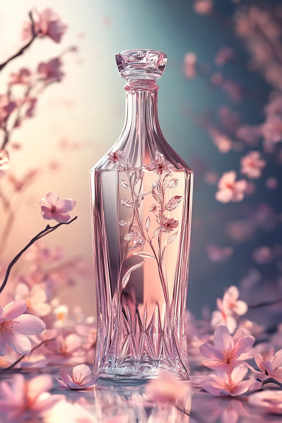 Transparent glass bottle with soft pastel floral design