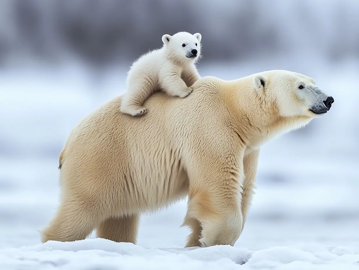 Polar bear with cub resting in a snowy white landscape
