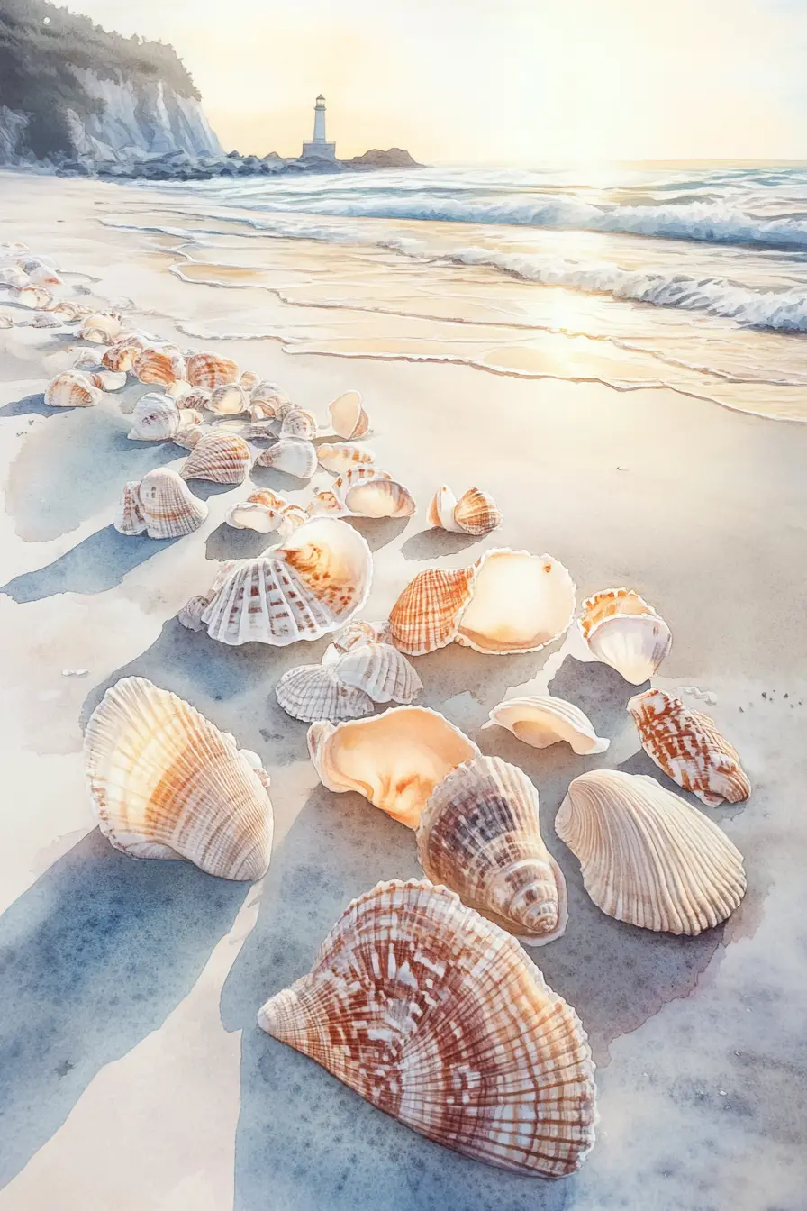 Watercolor seashells on a peaceful sunrise beach