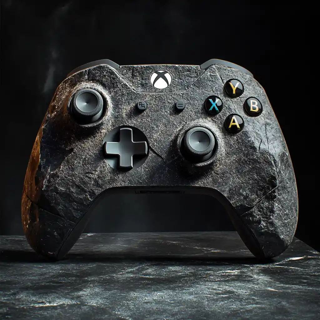 Stein gemeißelter Gamecontroller im dramatischen Studiolicht