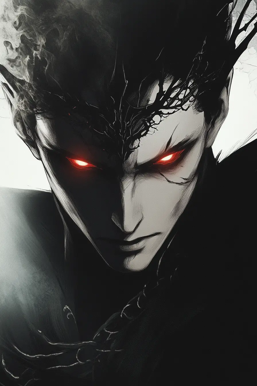 Vampire lord close up with glowing red eyes and smoke