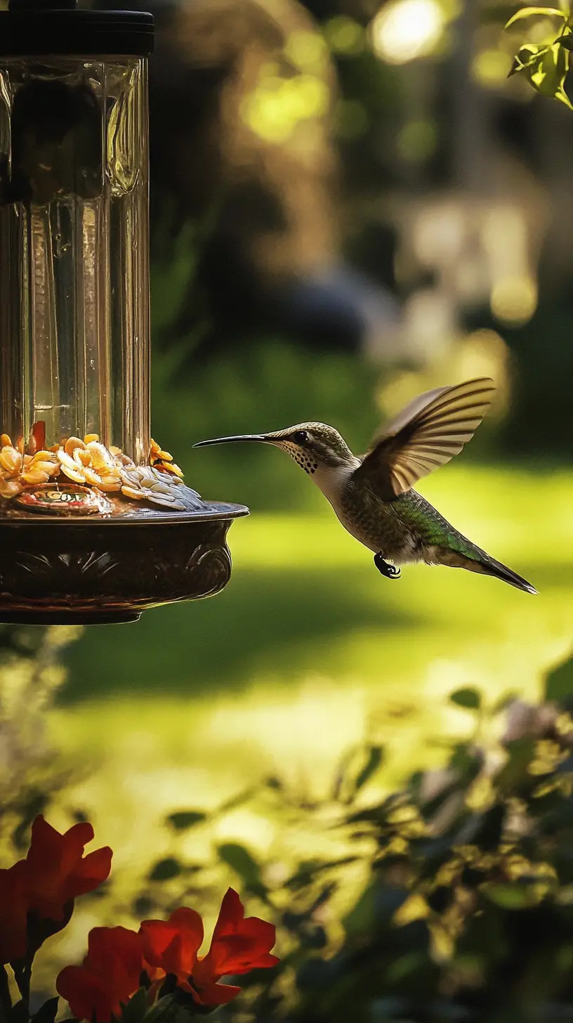 Humming bird hovering at feeder in a grassy backyard