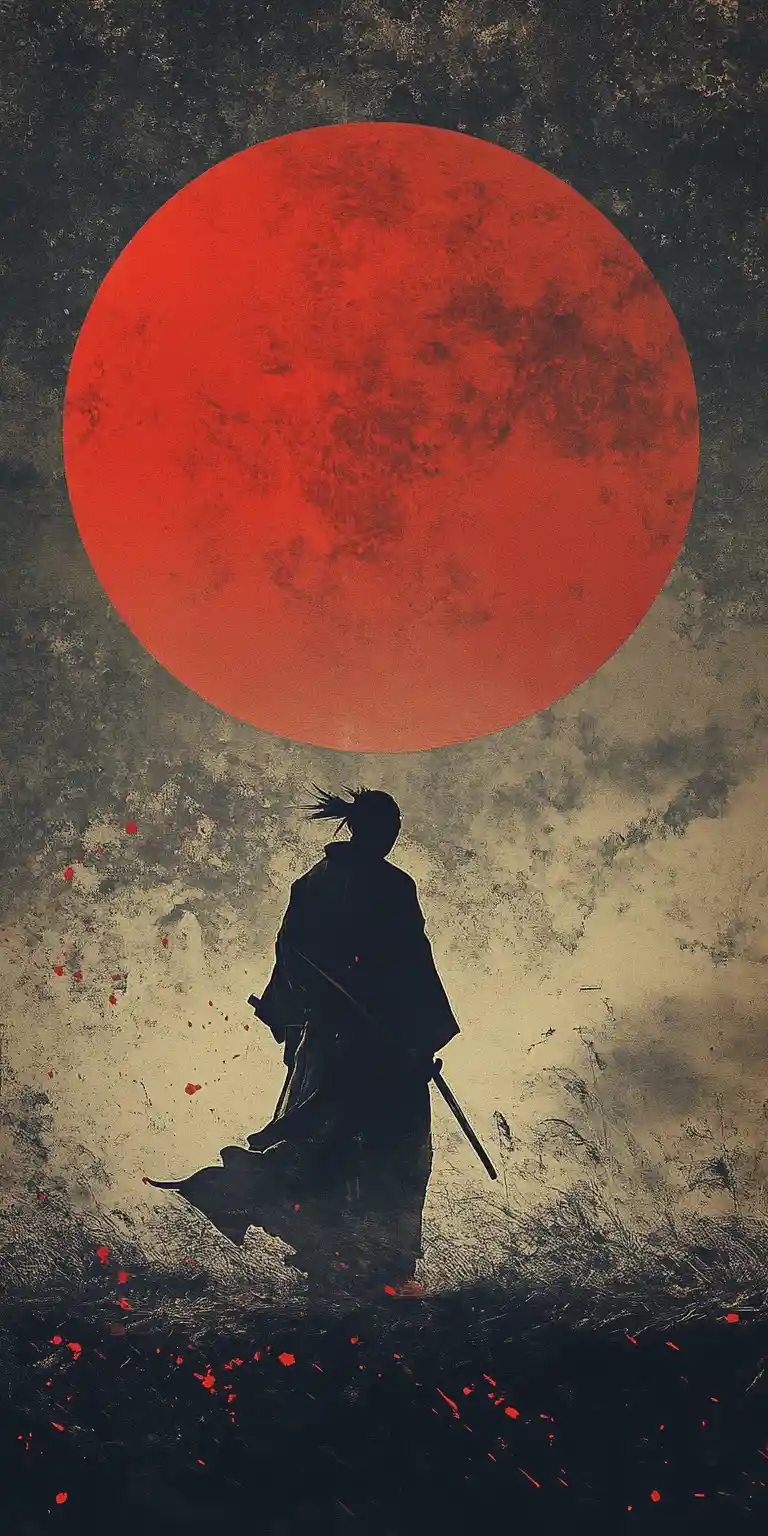 Samurai warrior under a rising red moon at night