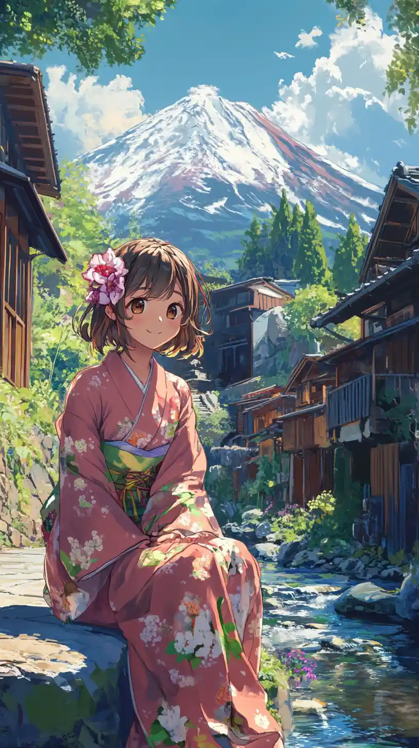 Anime girl in kimono by a peaceful Japanese stream