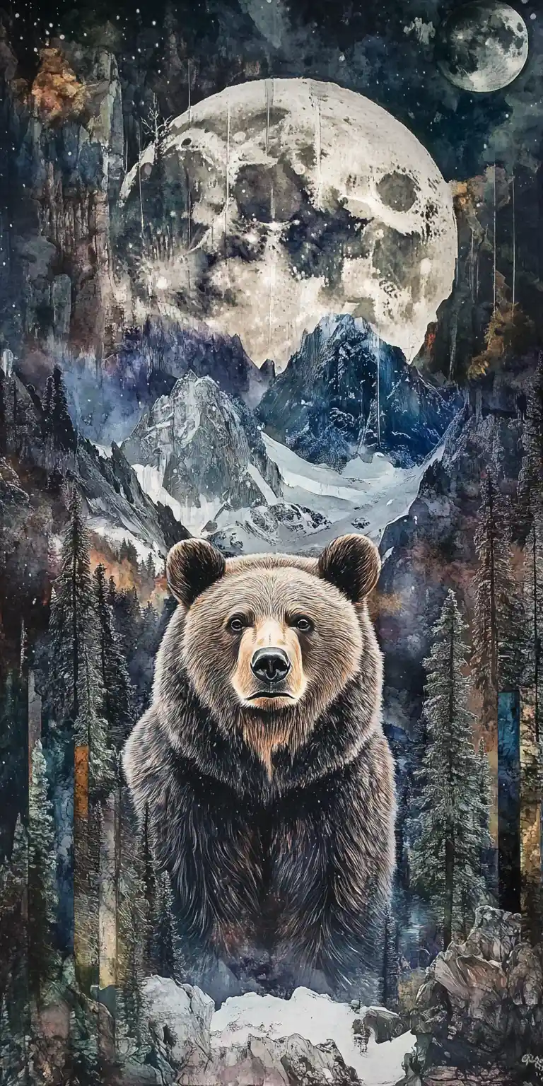 Collage illusion d’ours et de montagne à l’encre aquarelle