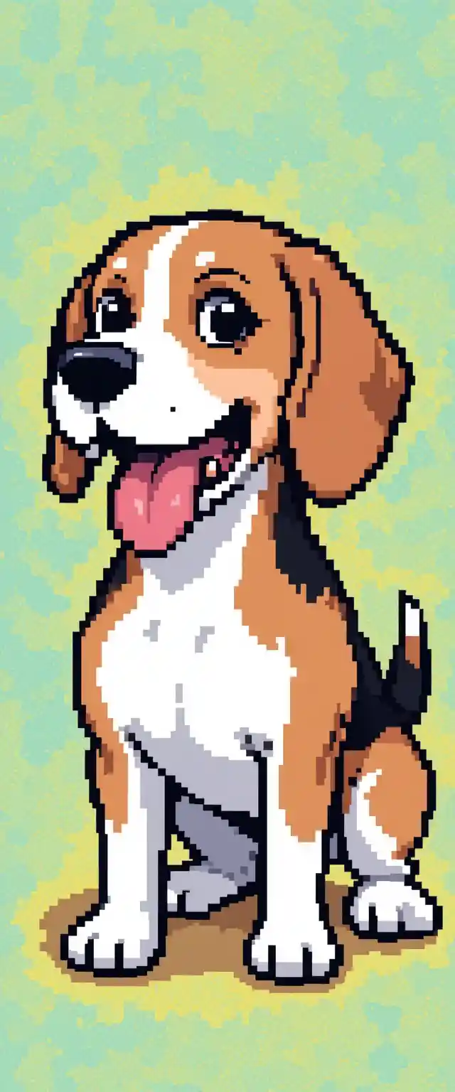 Pixelart-Beagle, der vor gelbem Hintergrund hechelt